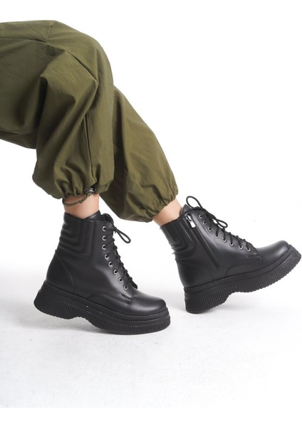 Kadın Yüksek Taban Kısa Bot Fermuarlı Bağcıklı Günlük Kadın Bot