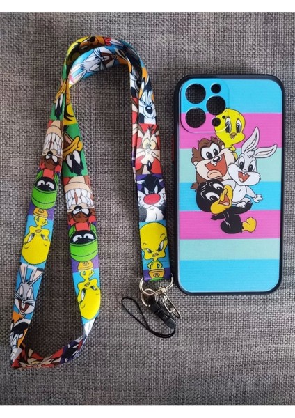 Apple iPhone 12 Pro Uyumlu Kamera Korumalı Looney Tunes Tuşları Renkli Telefon Boyun Askılı Set Kılıf
