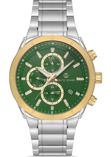 Davıd Guner Yeşil Kadranlı Sarı Beyaz Kaplama Multi Fonksiyonlu Paslanmaz Masif Çelik Erkek Kol Saati