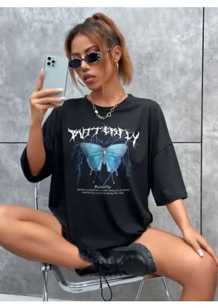 Baskılı Oversize T-Shirt Siyah
