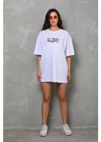 Bisiklet Yaka Baskılı Oversize T-Shirt Beyaz