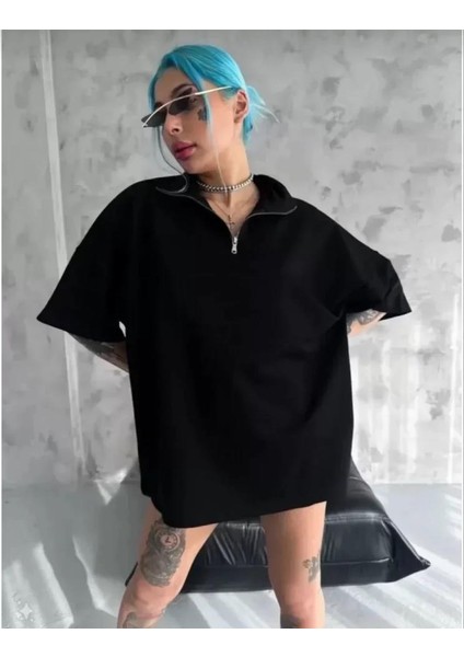 Yarım Fermuarlı Düz Oversize T-Shirt Siyah