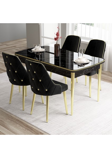 Concept Tia Serisi, Siyah Mermer Desen 80X132 Açılabilir Mdf Mutfak Masa Takımı 4 Sandalye Gold Detay