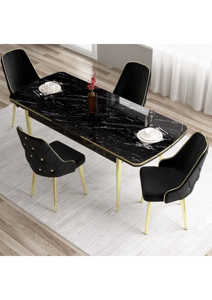 Concept Tia Serisi, Siyah Mermer Desen 80X132 Açılabilir Mdf Mutfak Masa Takımı 4 Sandalye Gold Detay