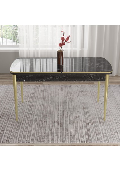 Concept Tia Serisi, Siyah Mermer Desen 80X132 Açılabilir Mdf Mutfak Masa Takımı 4 Sandalye Gold Detay