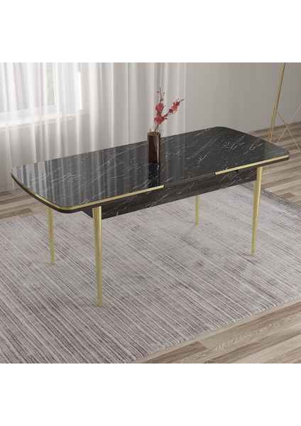 Concept Tia Serisi, Siyah Mermer Desen 80X132 Açılabilir Mdf Mutfak Masa Takımı 4 Sandalye Gold Detay
