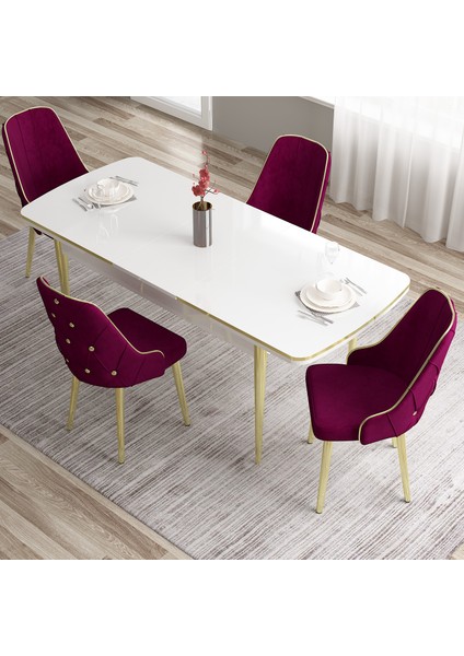 Concept Tia Serisi Beyaz 80X132 Açılabilir Mdf Mutfak Masa Takımı 4 Sandalye Gold Detay