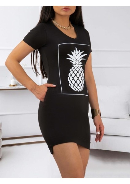Kadın Ananas Baskılı Kısa Kol Viskon Elbise