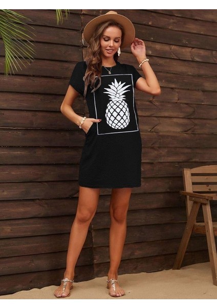 Kadın Ananas Baskılı Kısa Kol Viskon Elbise