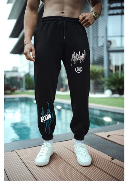 Kışlık Üç Iplik Baskılı Eşofman Pantolon Siyah