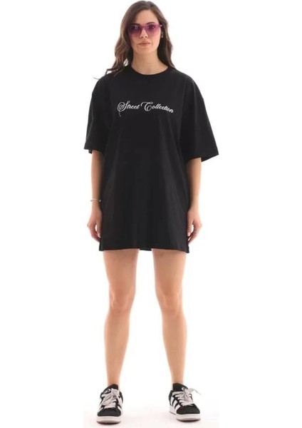Bisiklet Yaka Baskılı Oversize T-Shirt Siyah