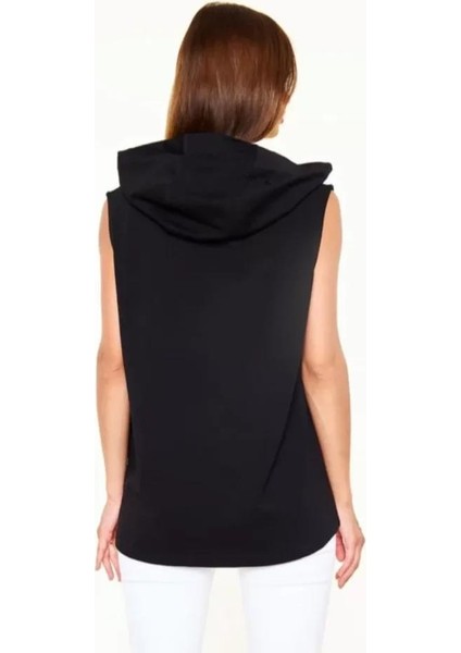 Kapşonlu Kolsuz Düz Oversize T-Shirt Siyah