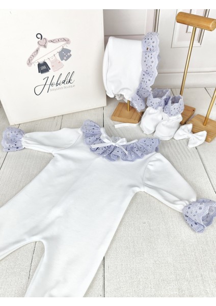 Hobidik Baby Kız Bebek Hastane Çıkışı Ekru Lila Fistolu Tulum Set