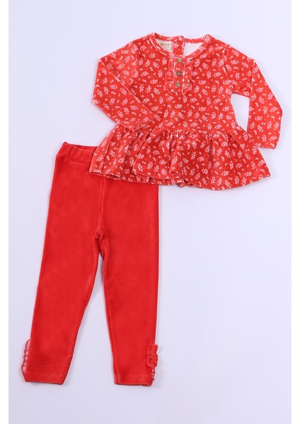 Kız Çocuk Kadife Tunik Takım Fırfırlı Düğmeli C19