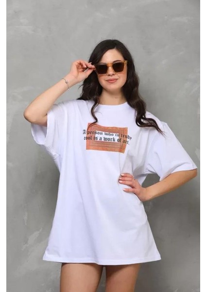 Bisiklet Yaka Baskılı Oversize T-Shirt Beyaz