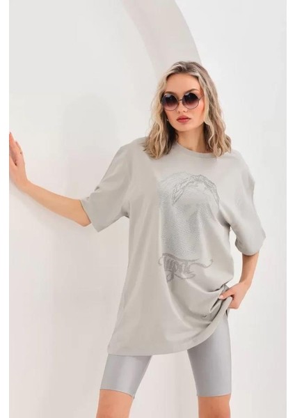 Taş Desenli Oversize T-Shirt Gri