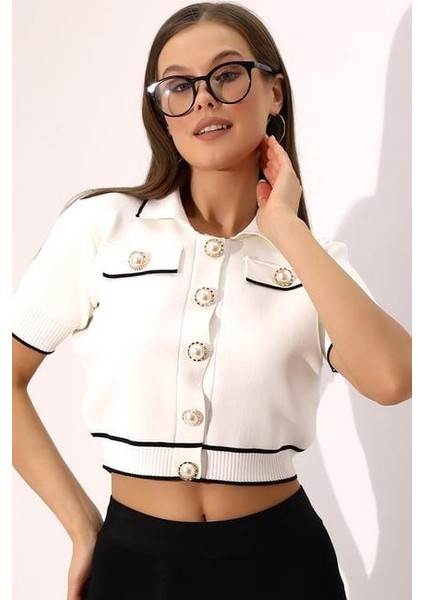 Polo Yaka Triko Crop Inci Düğmeli Hırka 2203
