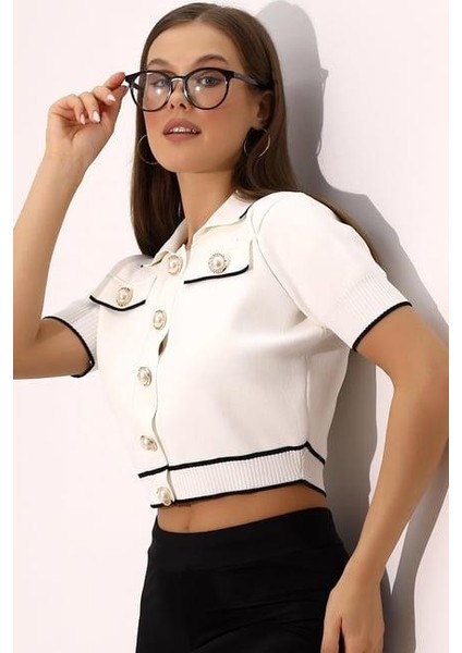 Polo Yaka Triko Crop Inci Düğmeli Hırka 2203