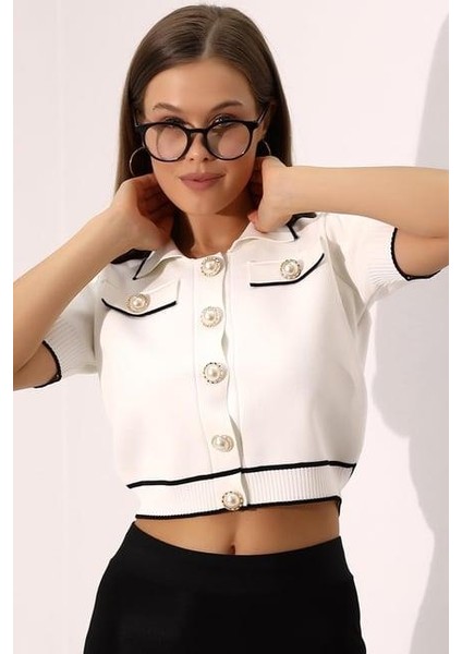Polo Yaka Triko Crop Inci Düğmeli Hırka 2203
