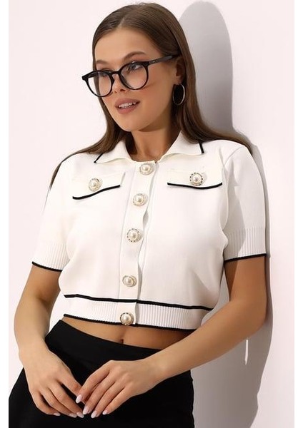 Polo Yaka Triko Crop Inci Düğmeli Hırka 2203