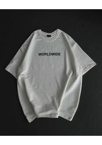 Bisiklet Yaka Baskılı Oversize T-Shirt Beyaz