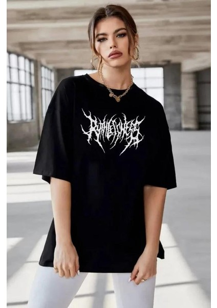 Bisiklet Yaka Baskılı Oversize T-Shirt Siyah