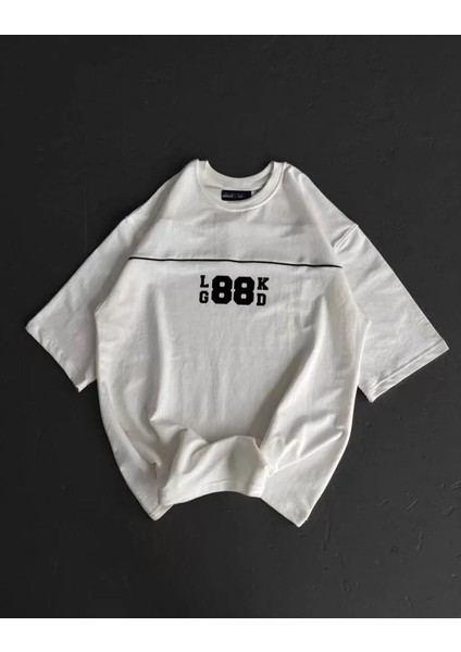 Bisiklet Yaka Baskılı Oversize T-Shirt Beyaz