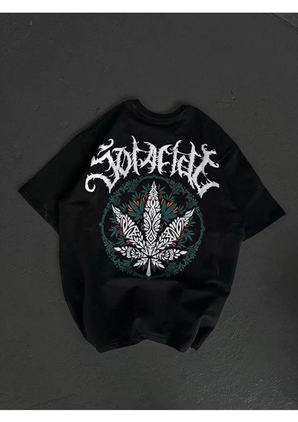 Bisiklet Yaka Baskılı Oversize T-Shirt Siyah