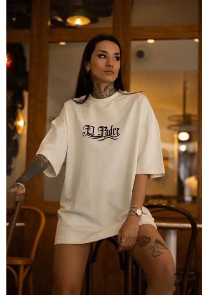 Bisiklet Yaka Baskılı Oversize T-Shirt Beyaz