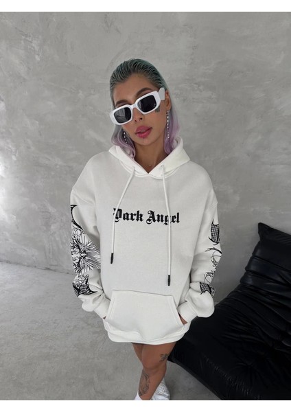 Üç Iplik Uzun Kol Kapşonlu Baskılı Sweatshirt Beyaz