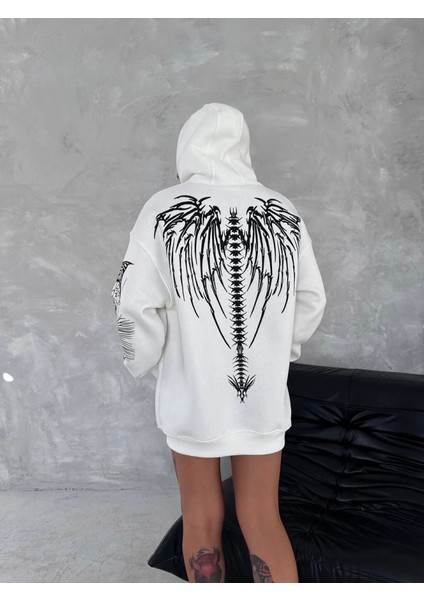 Üç Iplik Uzun Kol Kapşonlu Baskılı Sweatshirt Beyaz