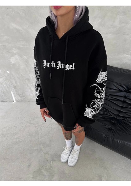 Üç Iplik Uzun Kol Kapşonlu Baskılı Sweatshirt Siyah