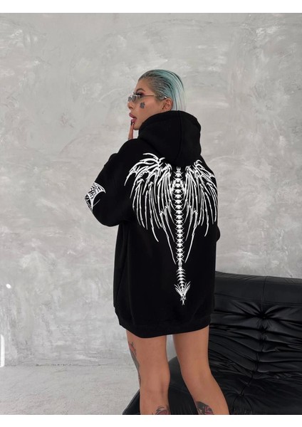 Üç Iplik Uzun Kol Kapşonlu Baskılı Sweatshirt Siyah