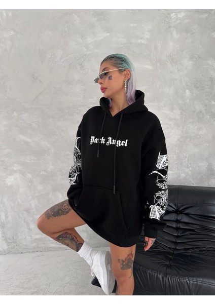 Üç Iplik Uzun Kol Kapşonlu Baskılı Sweatshirt Siyah