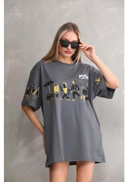 Bisiklet Yaka Baskılı Oversize T-Shirt Gri