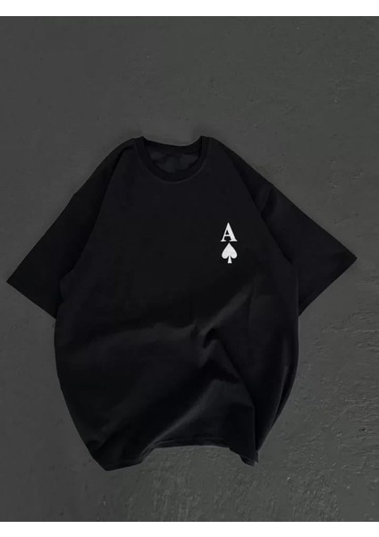 Bisiklet Yaka Baskılı Oversize T-Shirt Siyah