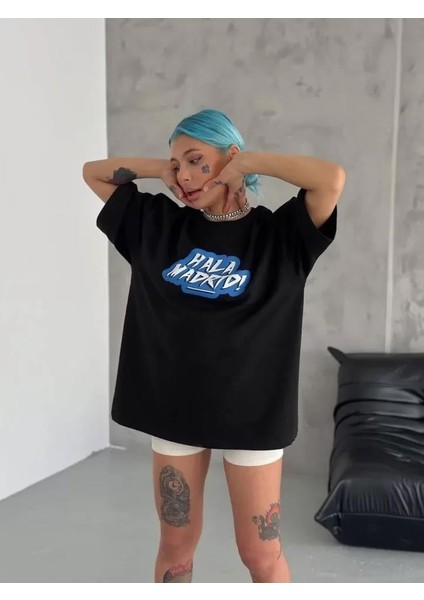 Bisiklet Yaka Baskılı Oversize T-Shirt Siyah