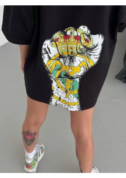 Bisiklet Yaka Baskılı Oversize T-Shirt Siyah