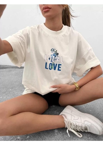 Bisiklet Yaka Baskılı Oversize T-Shirt Beyaz