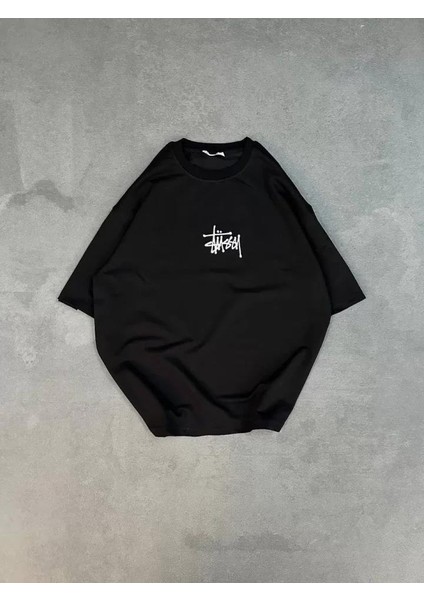 Bisiklet Yaka Baskılı Oversize T-Shirt Siyah