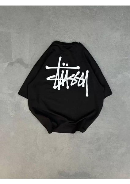 Bisiklet Yaka Baskılı Oversize T-Shirt Siyah
