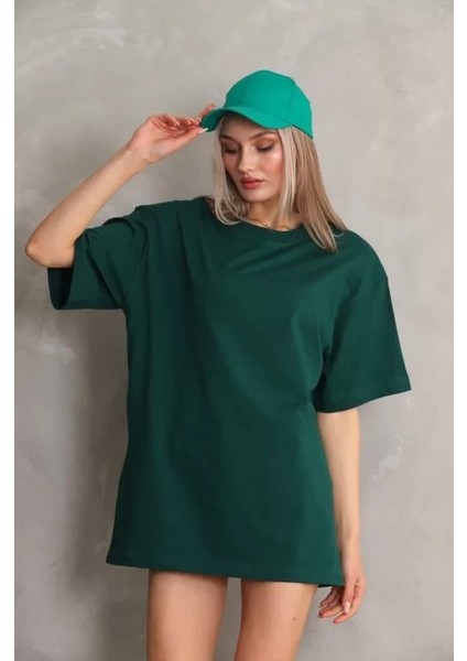 Bisiklet Yaka 20/1 Düz Oversize T-Shirt Yeşil