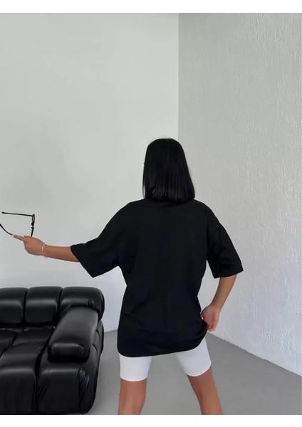 Bisiklet Yaka Baskılı Oversize T-Shirt Siyah