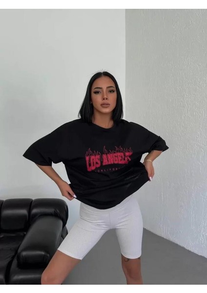 Bisiklet Yaka Baskılı Oversize T-Shirt Siyah