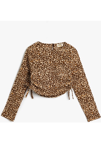 Leopar Desenli Bluz Yanları Büzgülü Bağlamalı Uzun Kollu Bisiklet Yaka