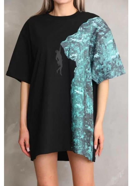 Bisiklet Yaka Baskılı Oversize T-Shirt Siyah