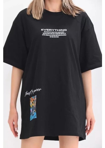Bisiklet Yaka Baskılı Oversize T-Shirt Siyah