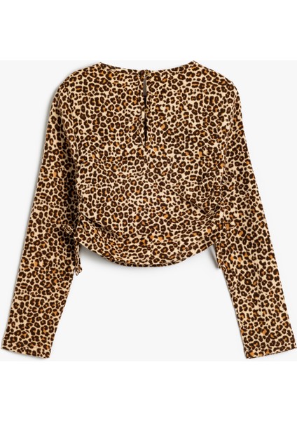 Leopar Desenli Bluz Yanları Büzgülü Bağlamalı Uzun Kollu Bisiklet Yaka fiyatları