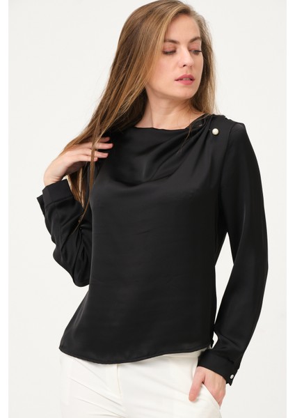Omuzu Incili Saten Bluz