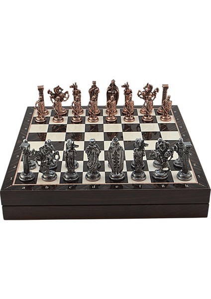 Gifthome Büyük Boy Metal Ingiliz Satranç Takımı Antik ve Ceviz Desenli Sandıklı Mdf TAHTASI(36X36X6 Cm.)